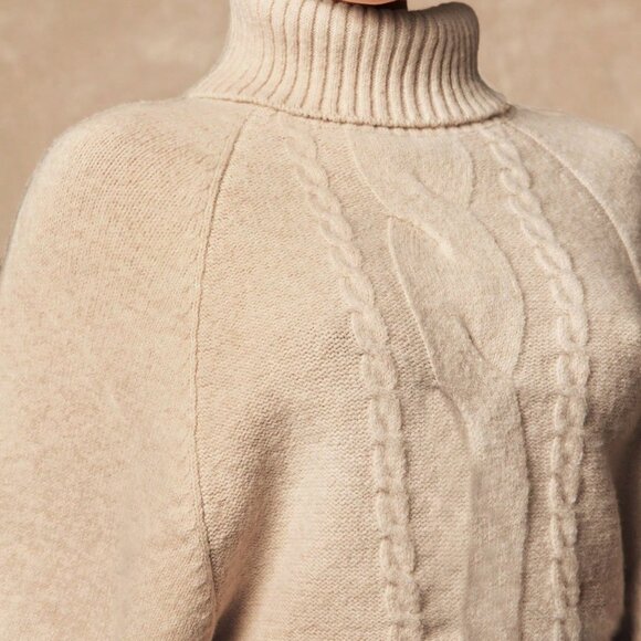 Khaki Casual Women's Cinched Waist Batwing Textured Turtleneck Sweater - Picture 6 of 8